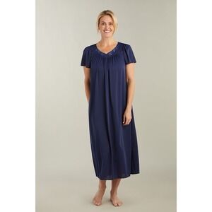 MISS ELAINE Classic Navy Silky Nylon Nightgown Embroidered Feminine Grandma Slip